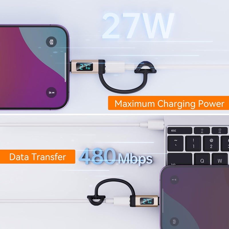 Pzoz محول USB C إلى Lightning مع شاشة LED، شاحن سريع 27W Type C PD لموبايل 14/13/12/11/XS/XR/SE/AirPods، يناسب كابل شاحن MacBook، يدعم نقل البيانات (1 عبوة) - Image 4